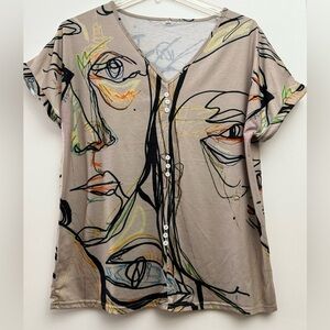 Artistic Abstract Face Print V-Neck Short Cuff Sleeve Tunic